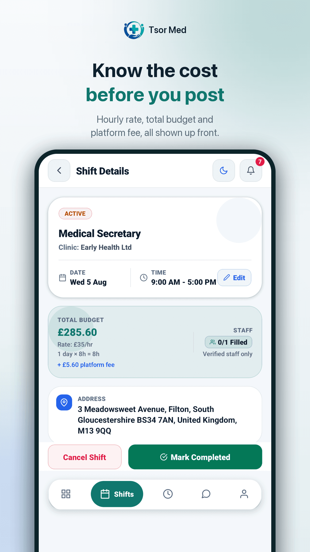 Shift details screen showing an hourly rate, total budget and the platform fee